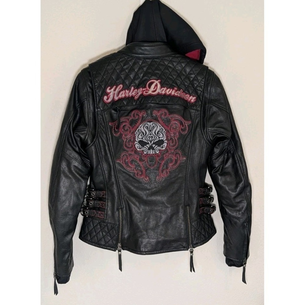 Harley-Davidson Womens XS Scroll Skull 3-in-1 Leather Riding Jacket Hoodie 98104